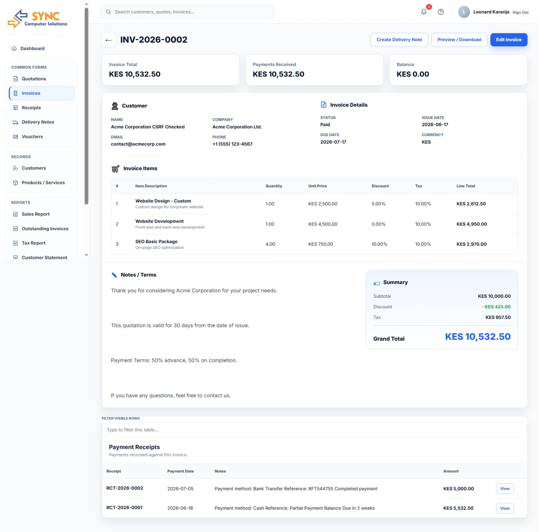 SYNC Project Management Invoice Management screen