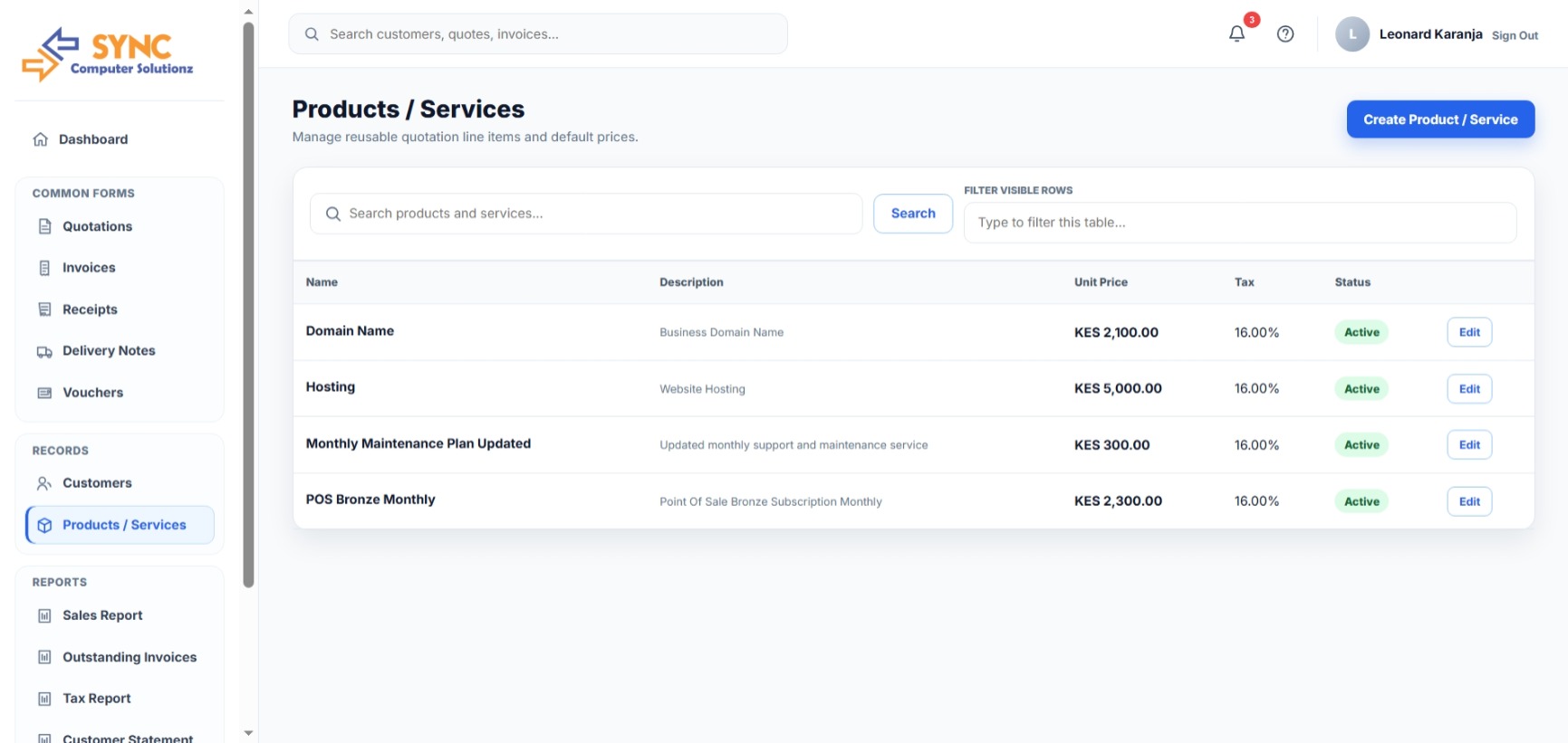 SYNC Project Management products and services screenshot