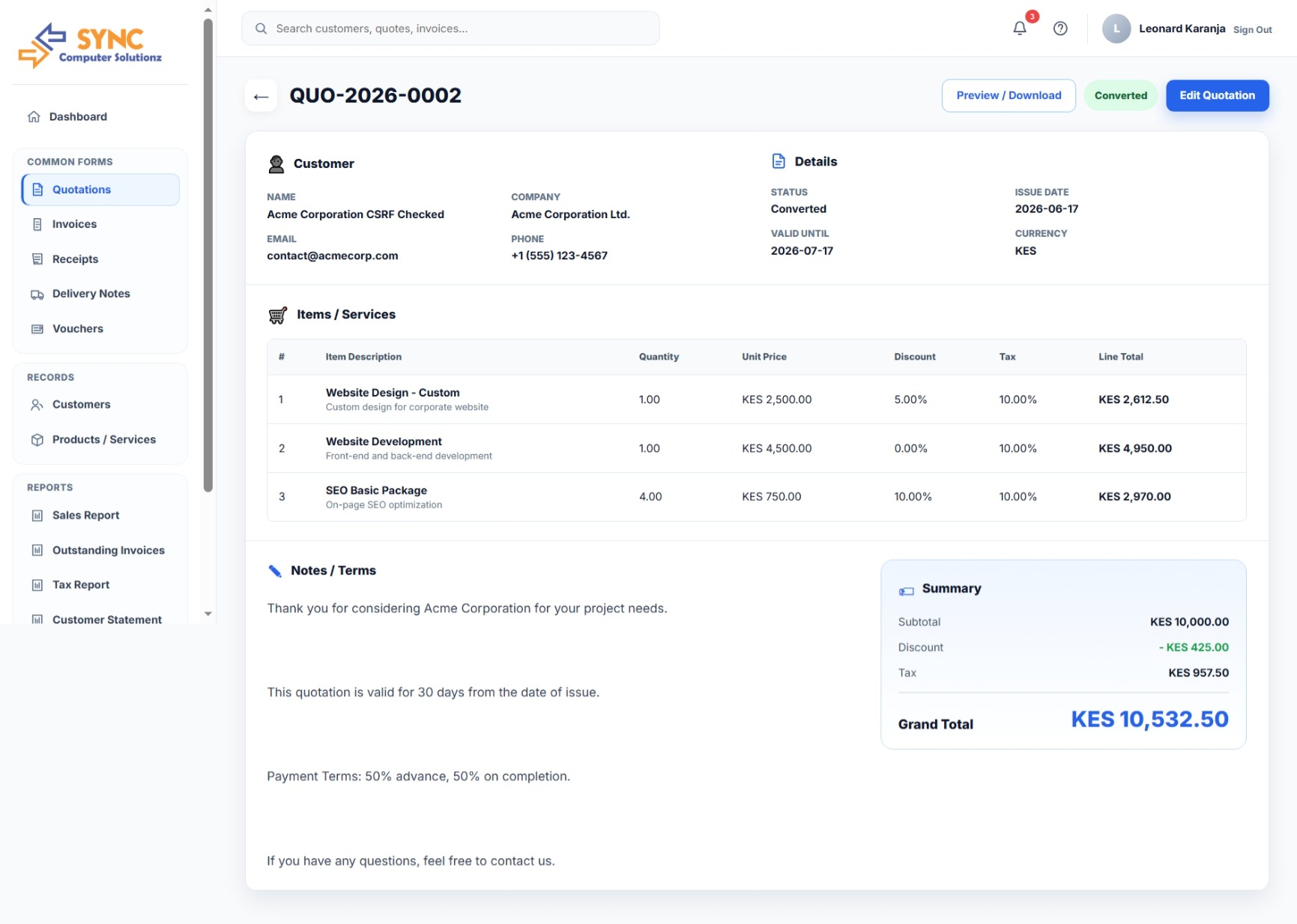 SYNC Project Management quotations screenshot