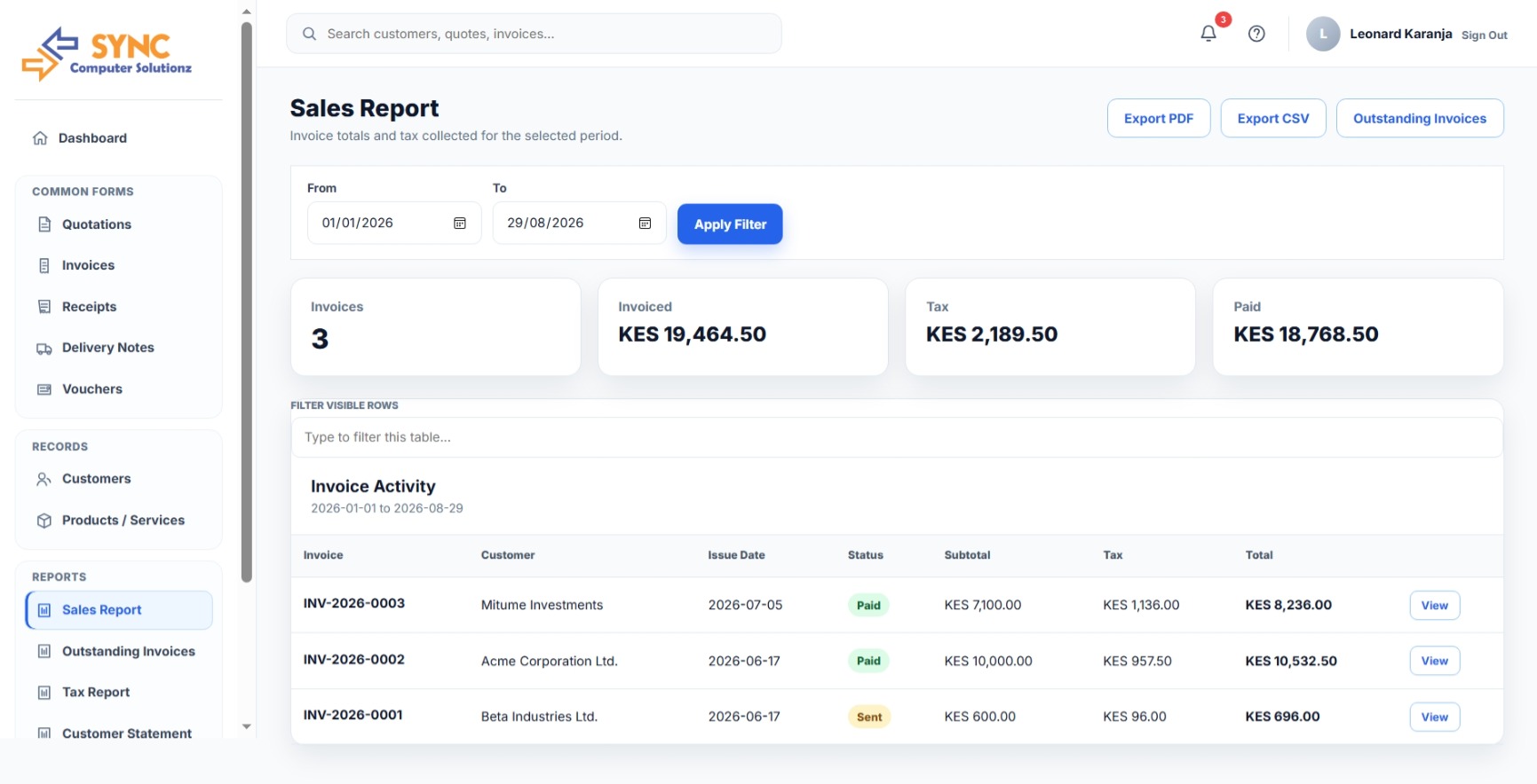 SYNC Project Management Sales Reporting screen