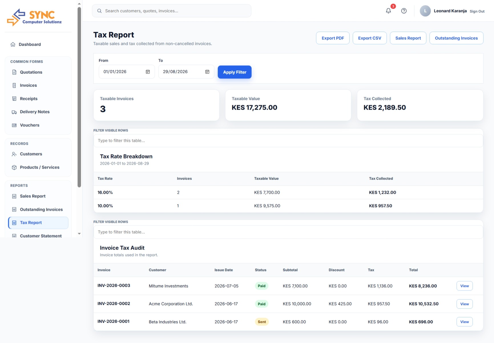 SYNC Project Management Tax Reports screen
