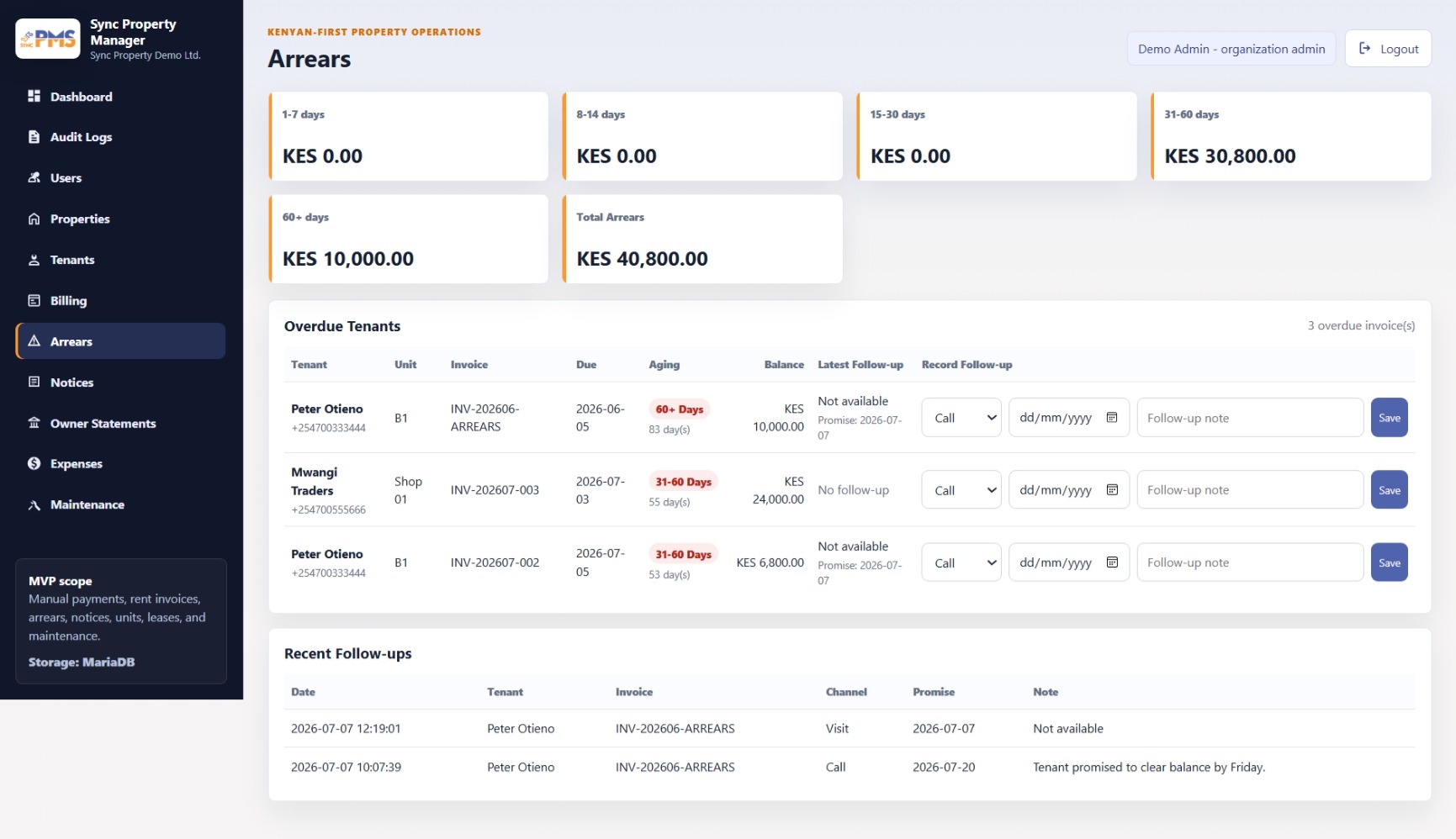 SYNC Property Manager Arrears Visibility screen