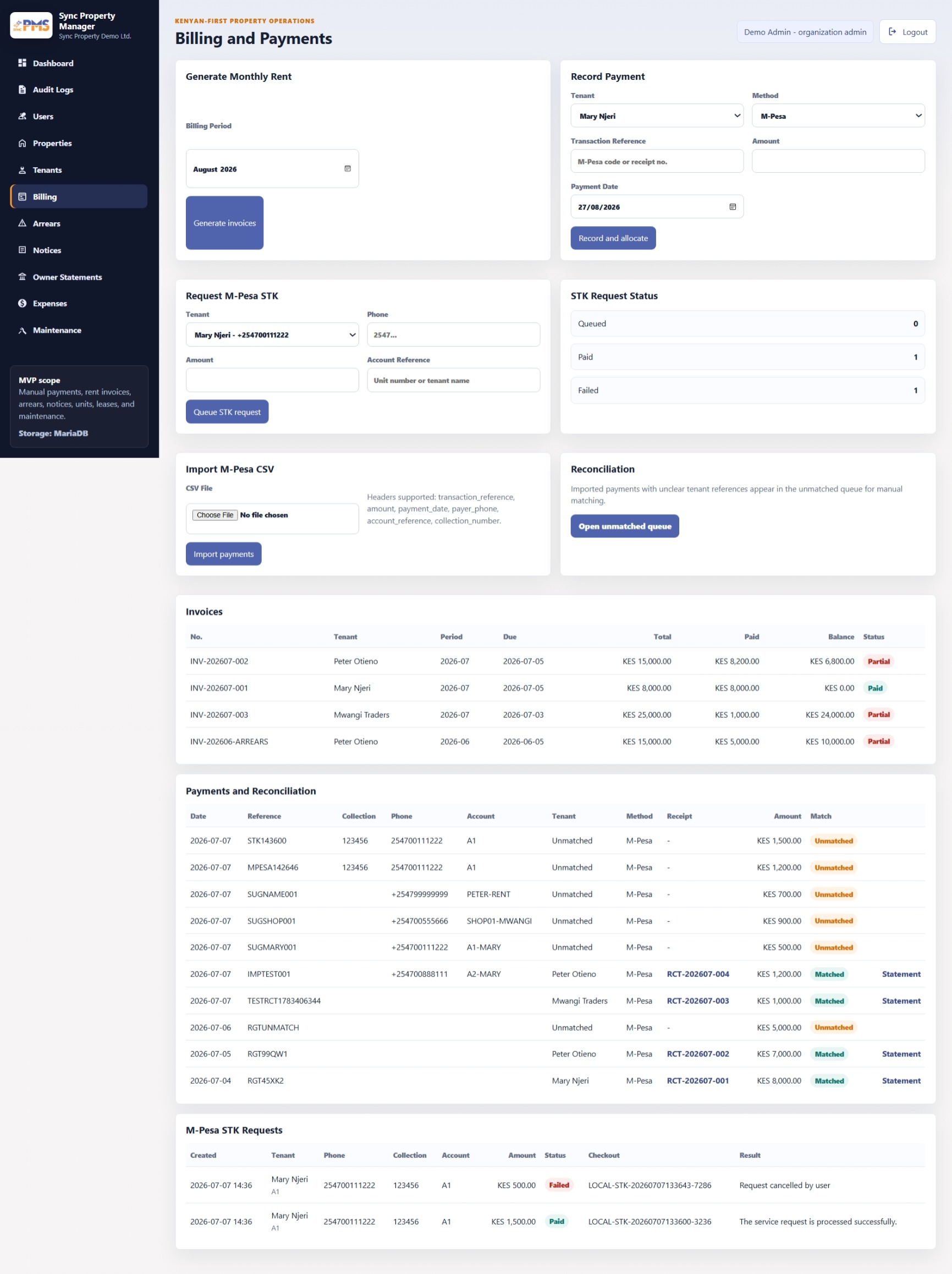 Property management billing dashboard screenshot