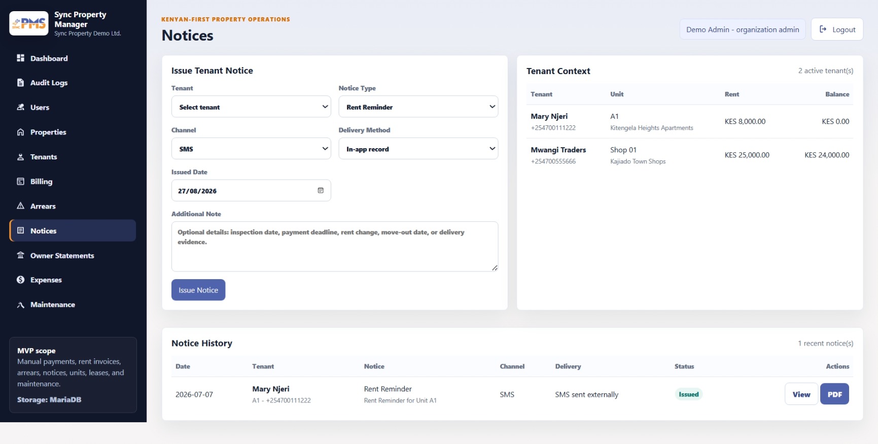 SYNC Property Manager Notices screen