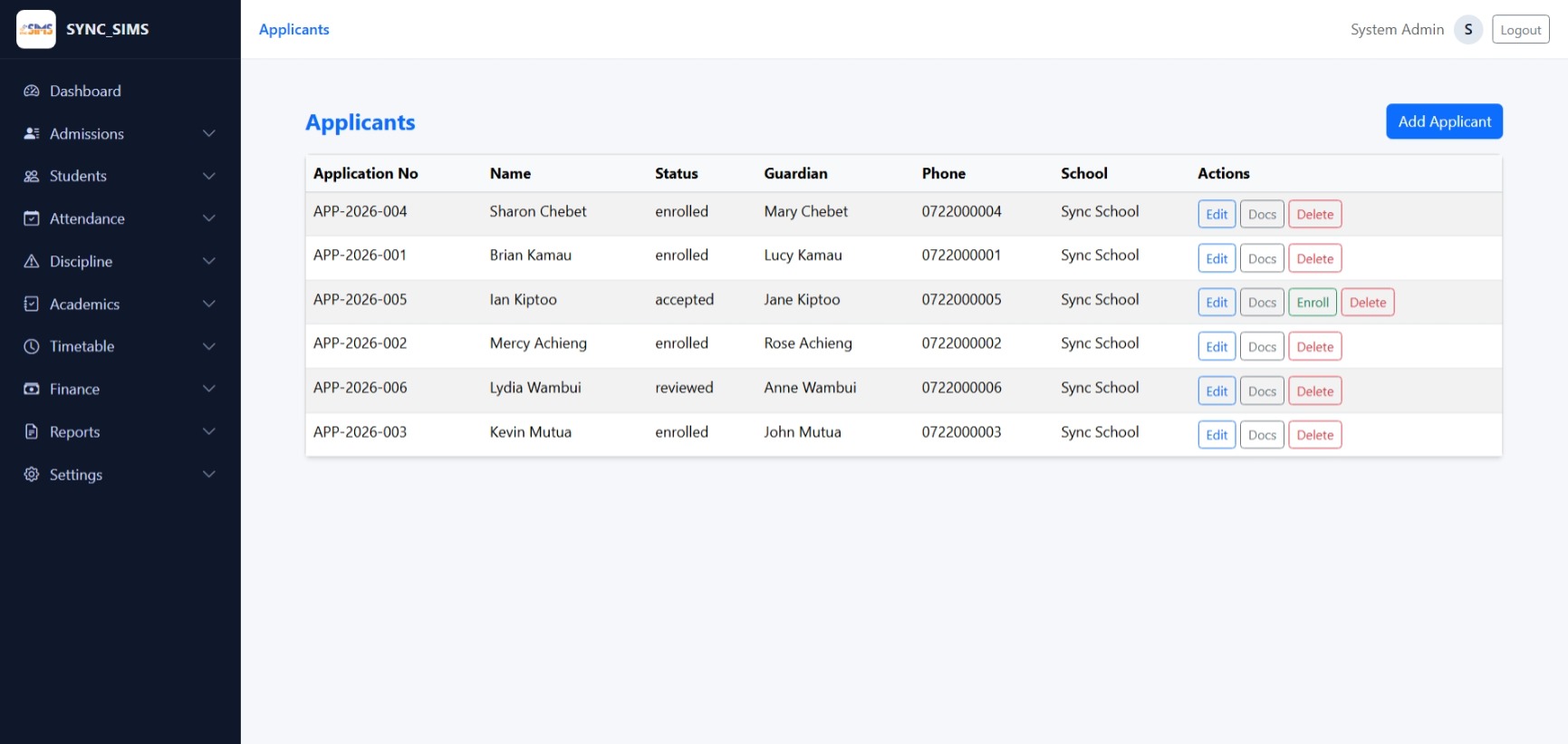 SYNC SIMS Applicant Tracking screen