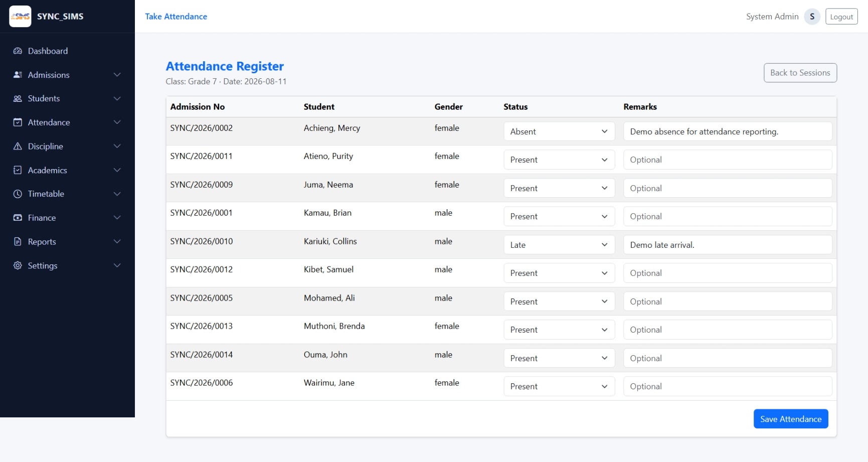 SYNC SIMS Attendance Register screen