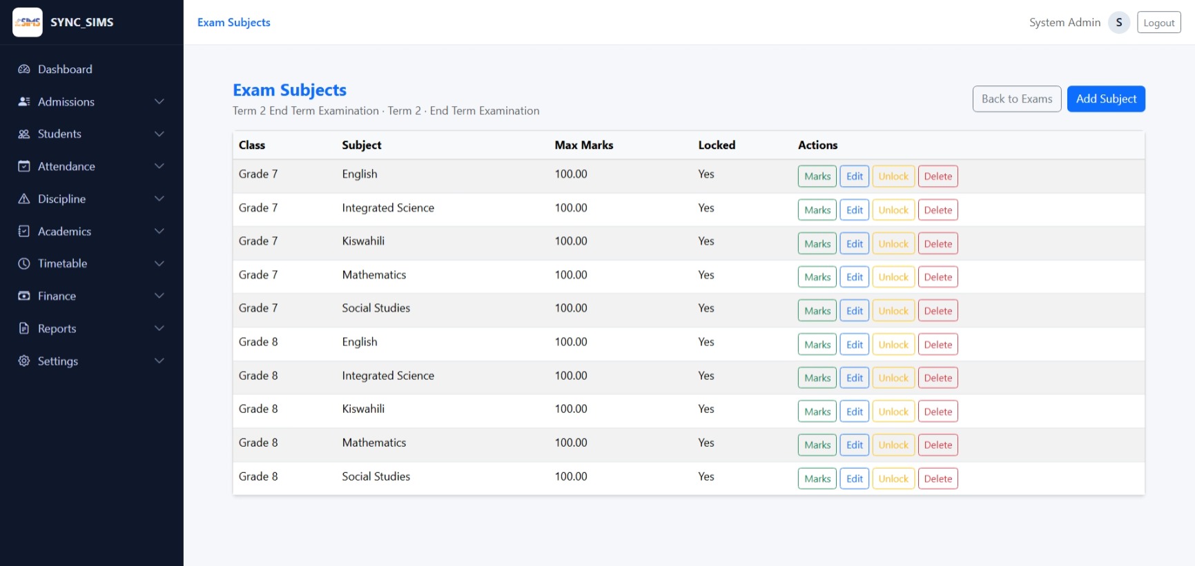 SYNC SIMS Exam Configuration screen