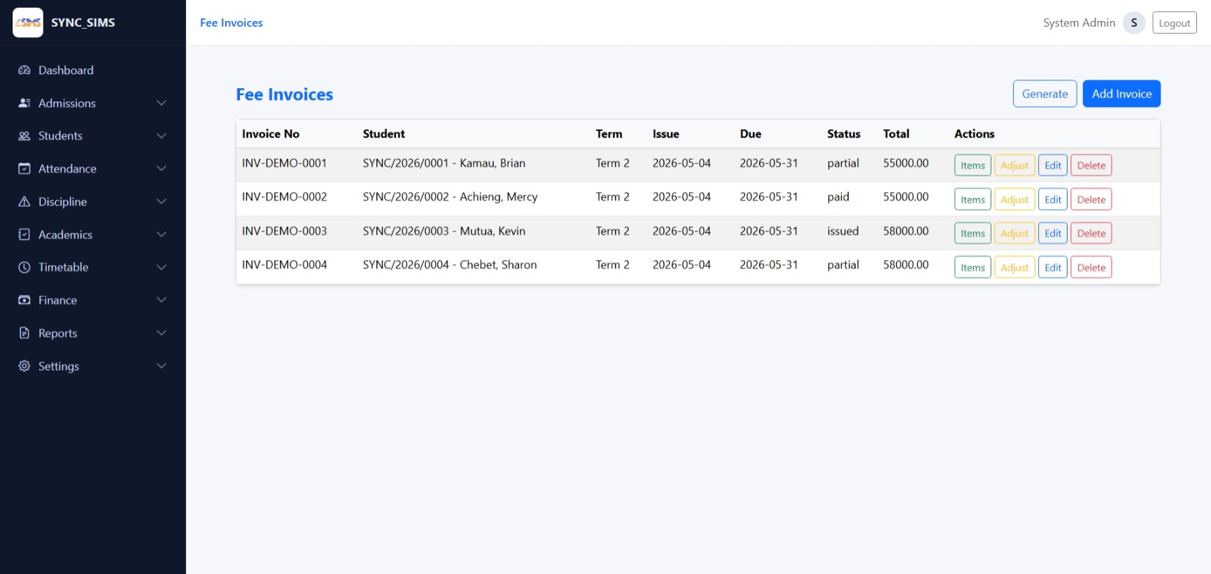 SYNC SIMS Fee Invoices screen
