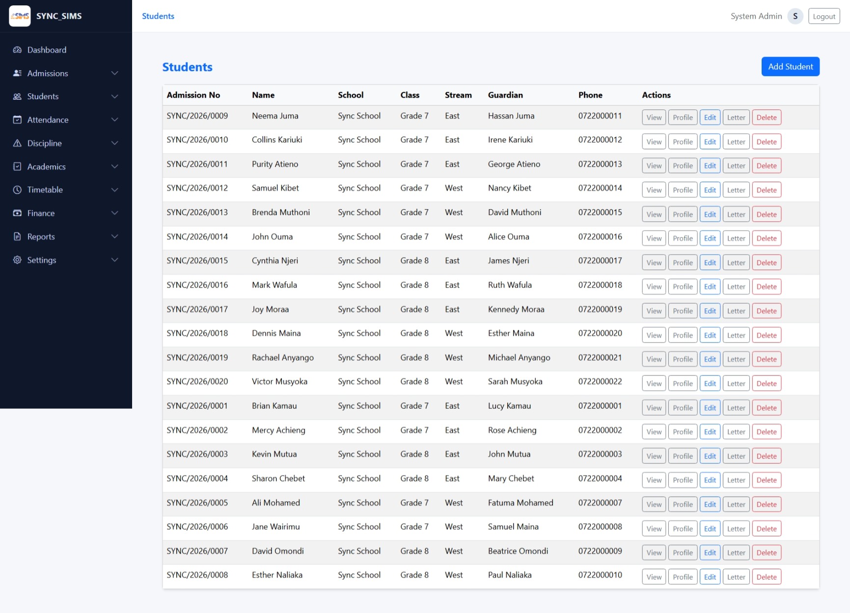 SYNC SIMS student management screenshot