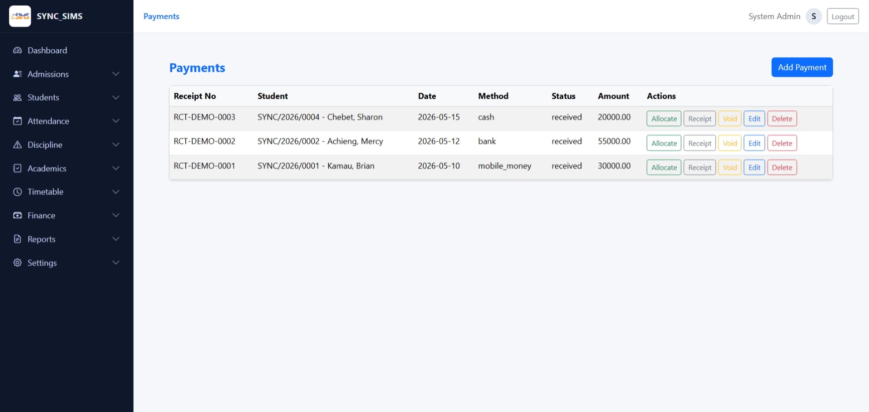 SYNC SIMS Payments screen