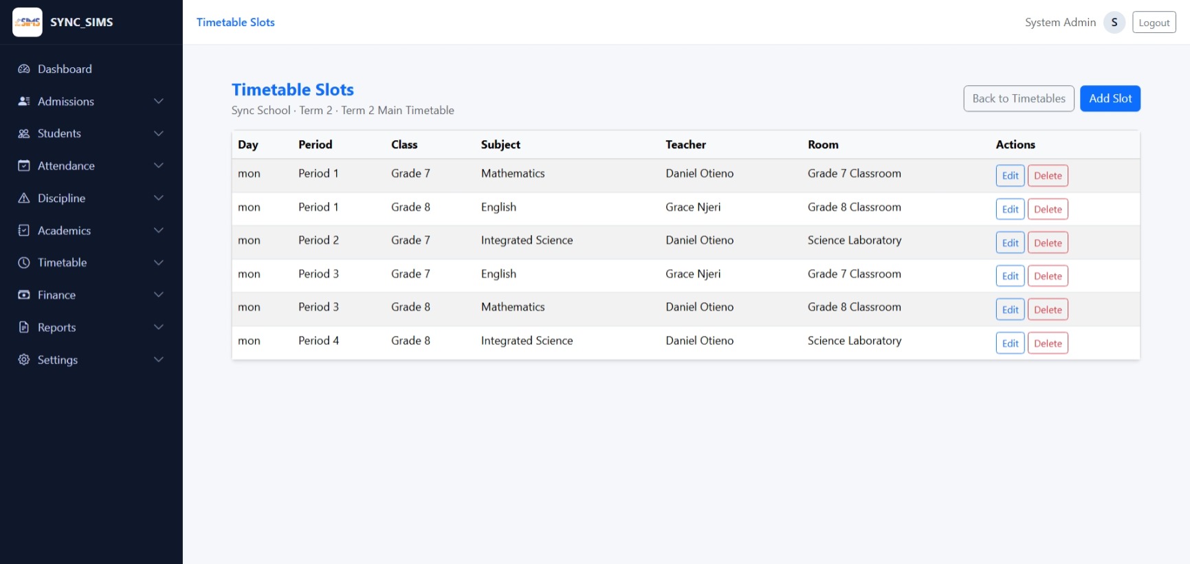 SYNC SIMS Timetable screen