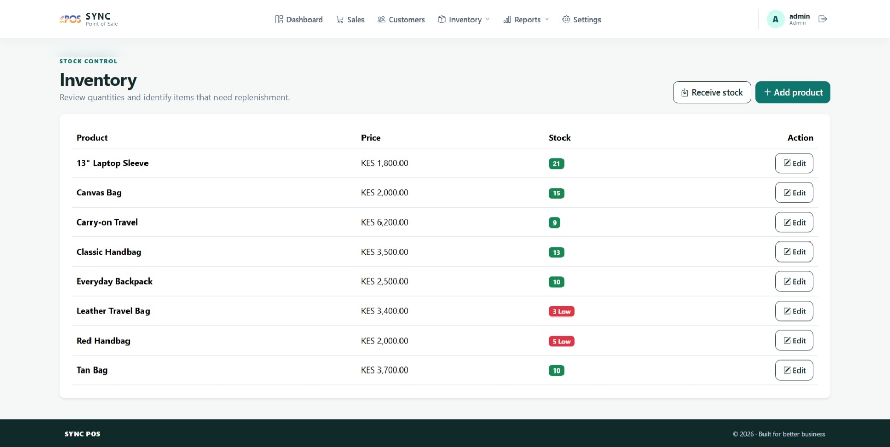 SYNC POS Inventory Control screen